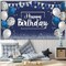 Happy Birthday Decorations Backdrop, Glitter Birthday Backdrop Sign, Happy Birthday Banner, Birthday Party Supplies Photo Background for Children Men Women, 72.8 x 43.3 Inch (Silver and Navy Blue)